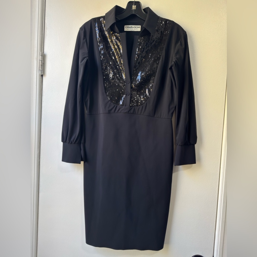 Chiara Boni Black Sequin Long Sleeve Dress